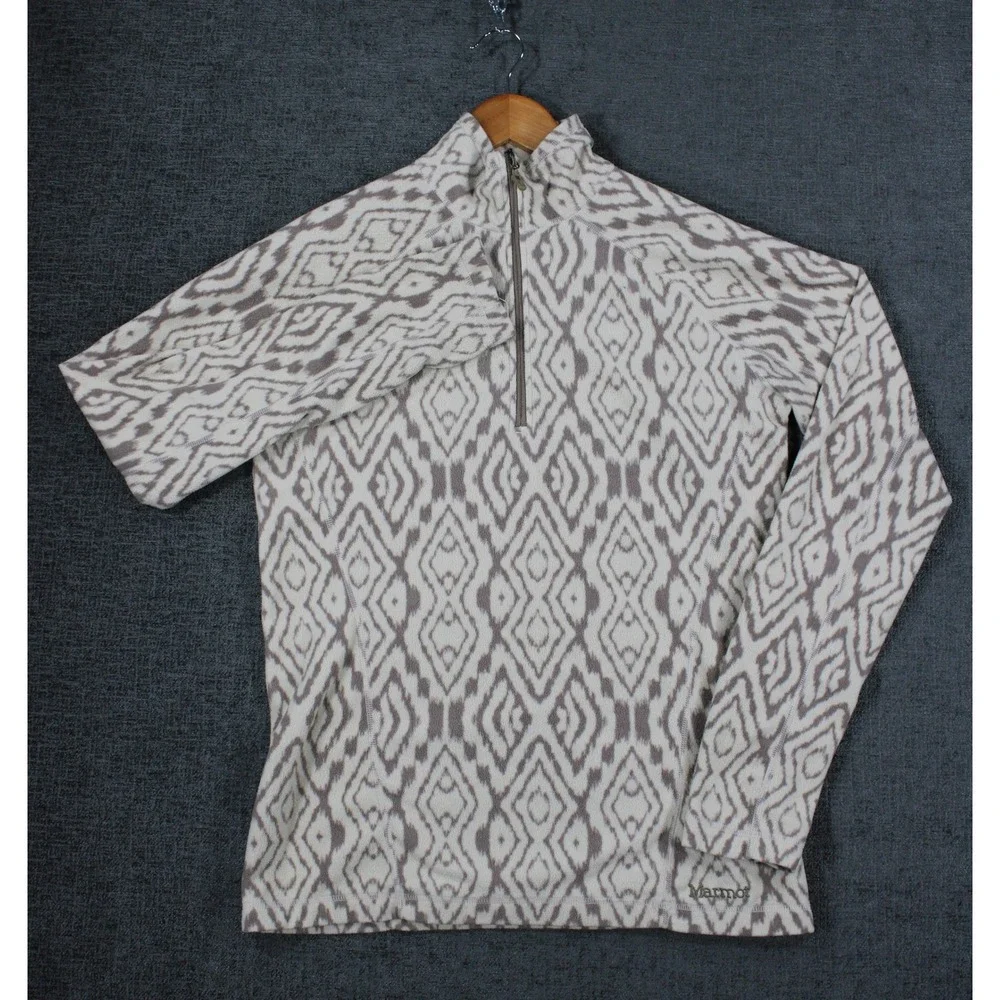 Marmot Womens Fleece Pullover Quarter Zip Geometric Ikat Grey Cream Size Medium